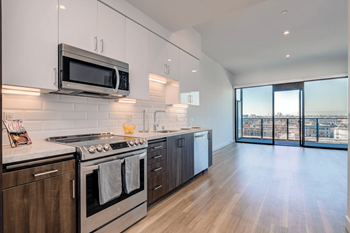 a kitchen with a stove and a microwave